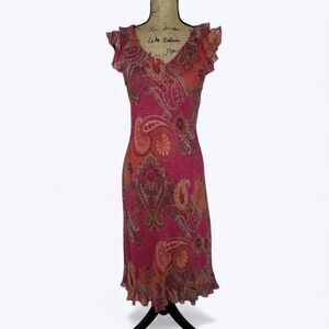 Y2K Tess Dress Sz 8 Silk Pink Paisley Sheer Overlay Flutter Fairy Whimsy Vintage